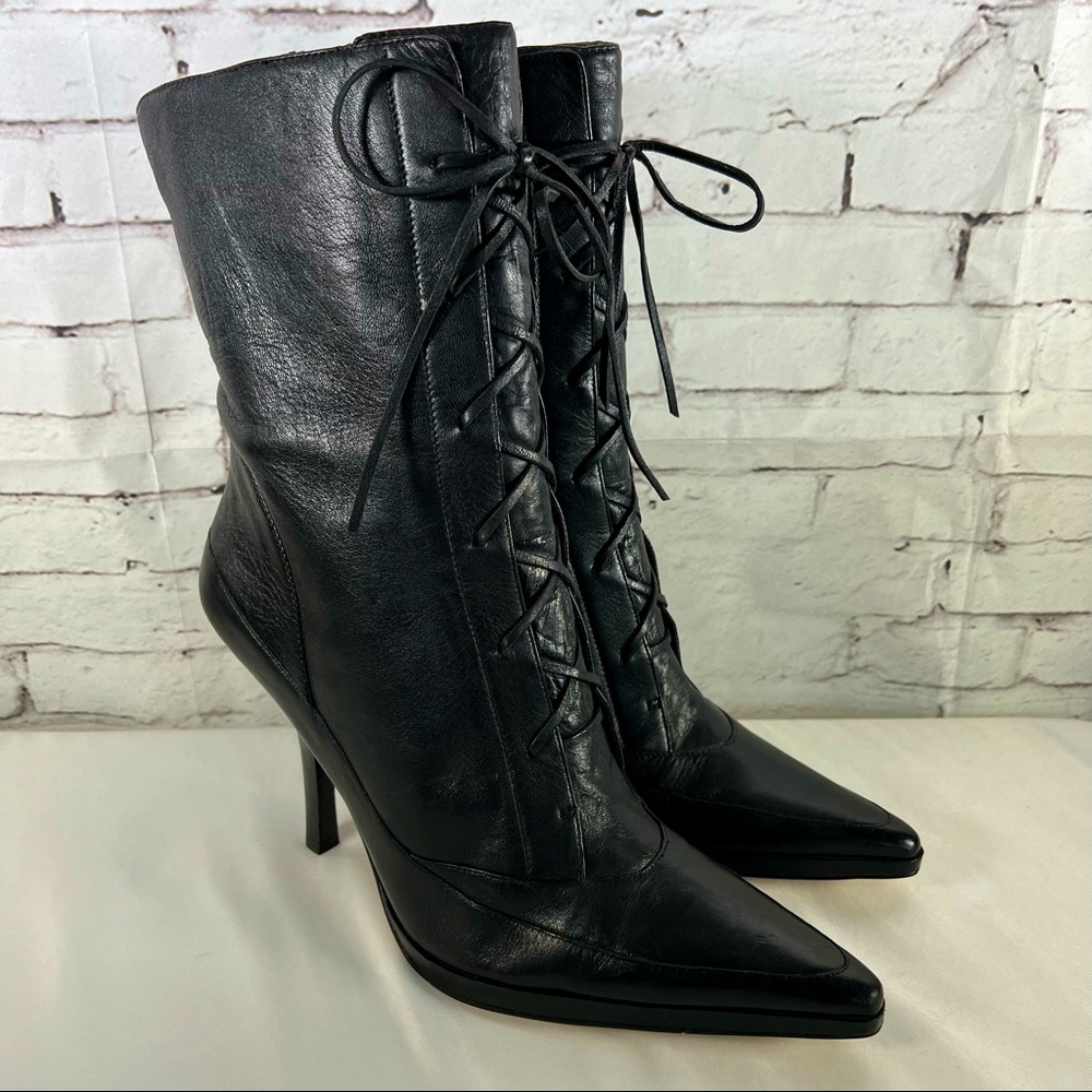 NEW Nine West Deshanar Black Leather Lace Up Heels Stiletto Boots Booties SZ 9.5